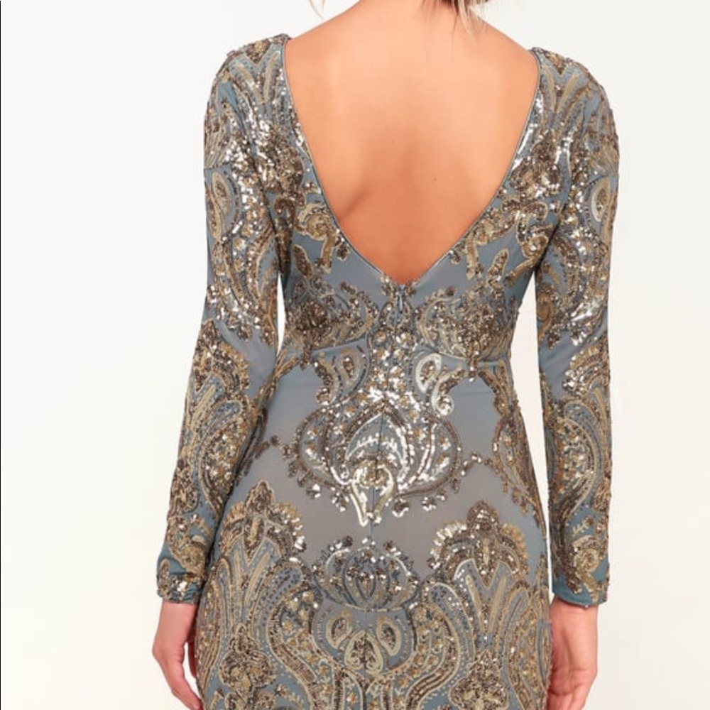 LuLu’s Blue and Gold Bodycon dress - Picture 2 of 6